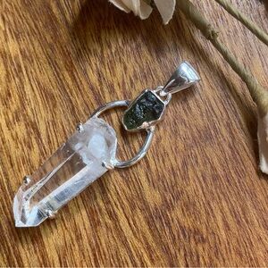 Authentic Czech moldavite & Lumerian quartz pendant set in .925 sterling silver